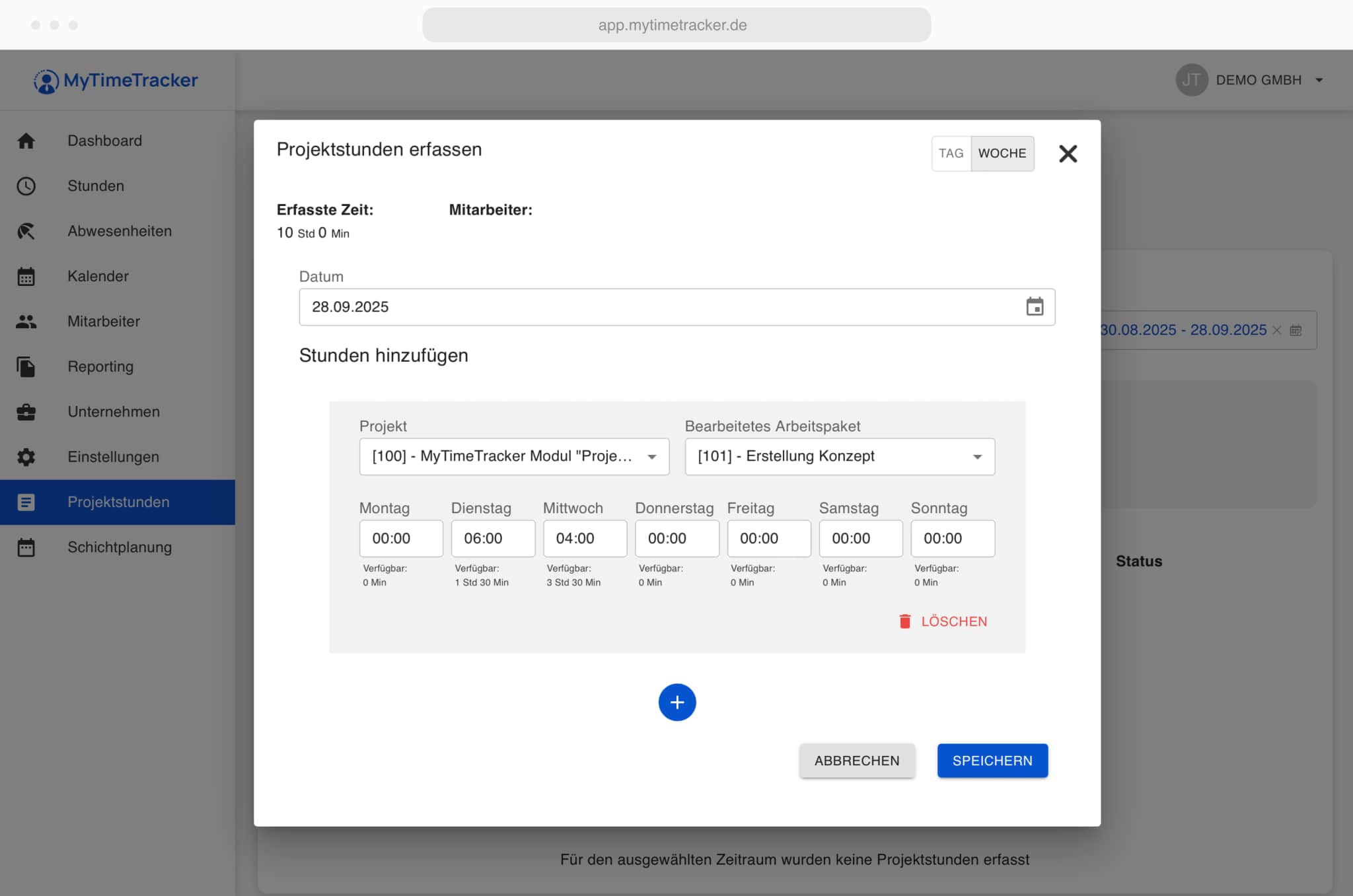Projektzeiten screenshot